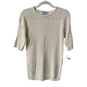Vintage 90s College Point Sweater Large Cream Short Sleeve Ribbed Deadstock NEW